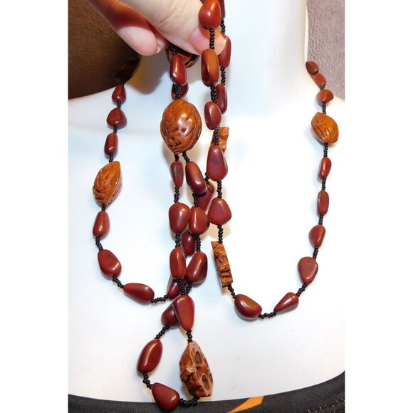 Rustic Nature Inspired Peach Pit Stone And Glass Beaded Necklace - Picture 4 of 6